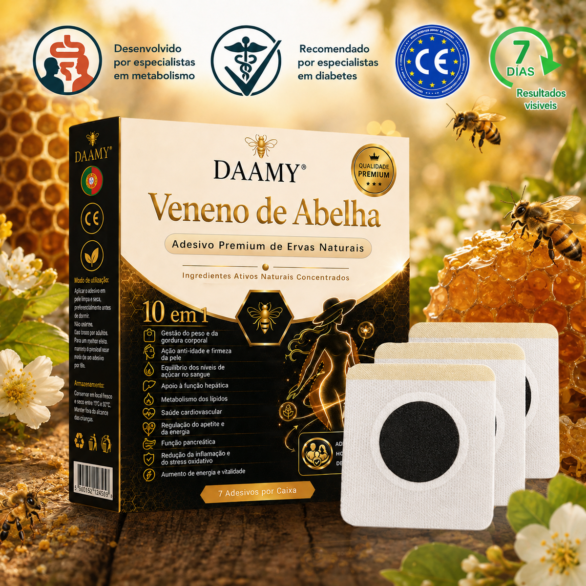 Adesivo Premium 10 em 1 à Base de Ervas Naturais com Veneno de Abelha  (Mudanças visíveis em apenas 7 dias)  ✅ Para gestão do peso, cuidados com a pele, controlo da glicemia, bem-estar respiratório durante o sono, desconforto nas articulações e muito mais