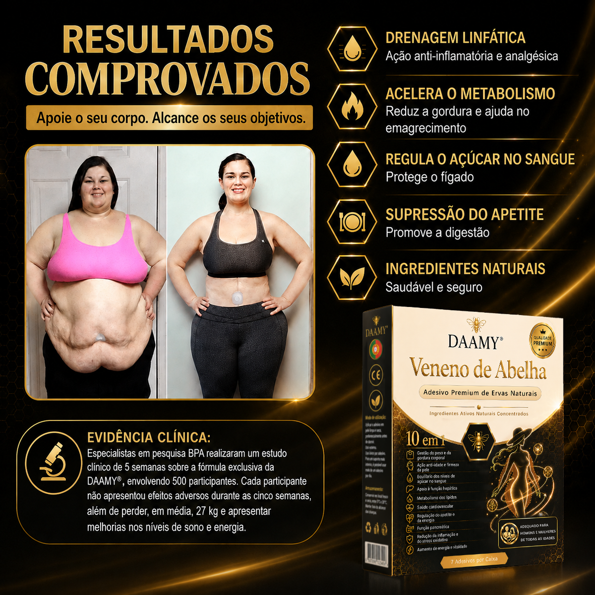 Adesivo Premium 10 em 1 à Base de Ervas Naturais com Veneno de Abelha  (Mudanças visíveis em apenas 7 dias)  ✅ Para gestão do peso, cuidados com a pele, controlo da glicemia, bem-estar respiratório durante o sono, desconforto nas articulações e muito mais