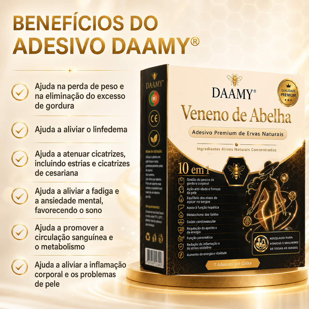 Adesivo Premium 10 em 1 à Base de Ervas Naturais com Veneno de Abelha  (Mudanças visíveis em apenas 7 dias)  ✅ Para gestão do peso, cuidados com a pele, controlo da glicemia, bem-estar respiratório durante o sono, desconforto nas articulações e muito mais