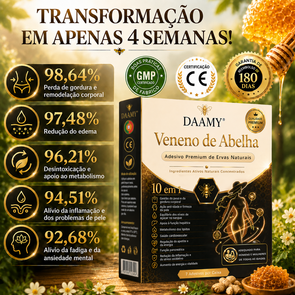 Adesivo Premium 10 em 1 à Base de Ervas Naturais com Veneno de Abelha  (Mudanças visíveis em apenas 7 dias)  ✅ Para gestão do peso, cuidados com a pele, controlo da glicemia, bem-estar respiratório durante o sono, desconforto nas articulações e muito mais