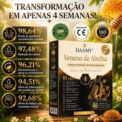 Adesivo Premium 10 em 1 à Base de Ervas Naturais com Veneno de Abelha  (Mudanças visíveis em apenas 7 dias)  ✅ Para gestão do peso, cuidados com a pele, controlo da glicemia, bem-estar respiratório durante o sono, desconforto nas articulações e muito mais