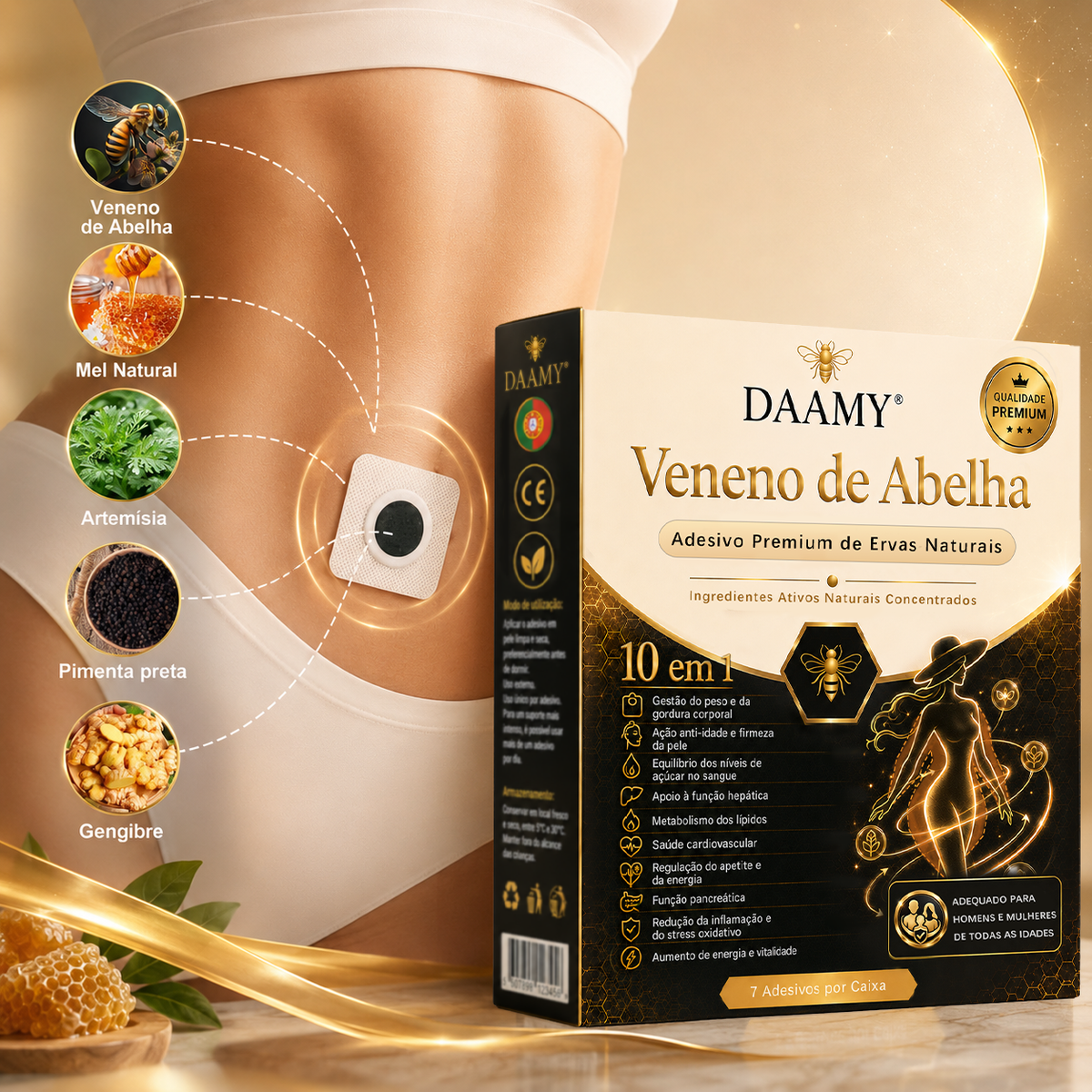 Adesivo Premium 10 em 1 à Base de Ervas Naturais com Veneno de Abelha  (Mudanças visíveis em apenas 7 dias)  ✅ Para gestão do peso, cuidados com a pele, controlo da glicemia, bem-estar respiratório durante o sono, desconforto nas articulações e muito mais