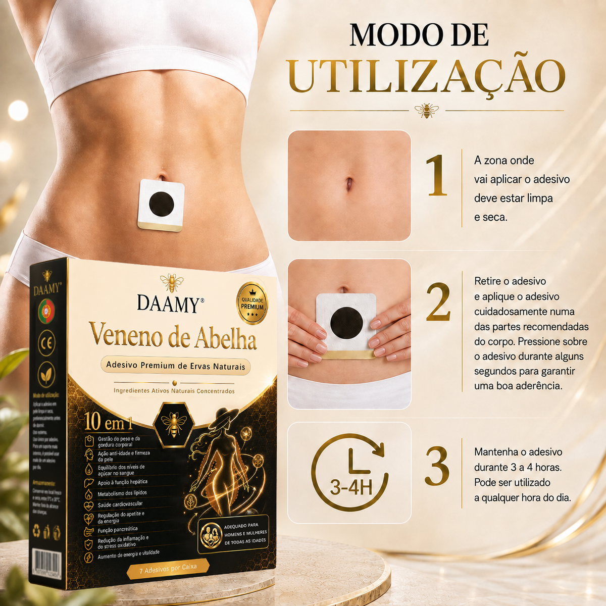 Adesivo Premium 10 em 1 à Base de Ervas Naturais com Veneno de Abelha  (Mudanças visíveis em apenas 7 dias)  ✅ Para gestão do peso, cuidados com a pele, controlo da glicemia, bem-estar respiratório durante o sono, desconforto nas articulações e muito mais