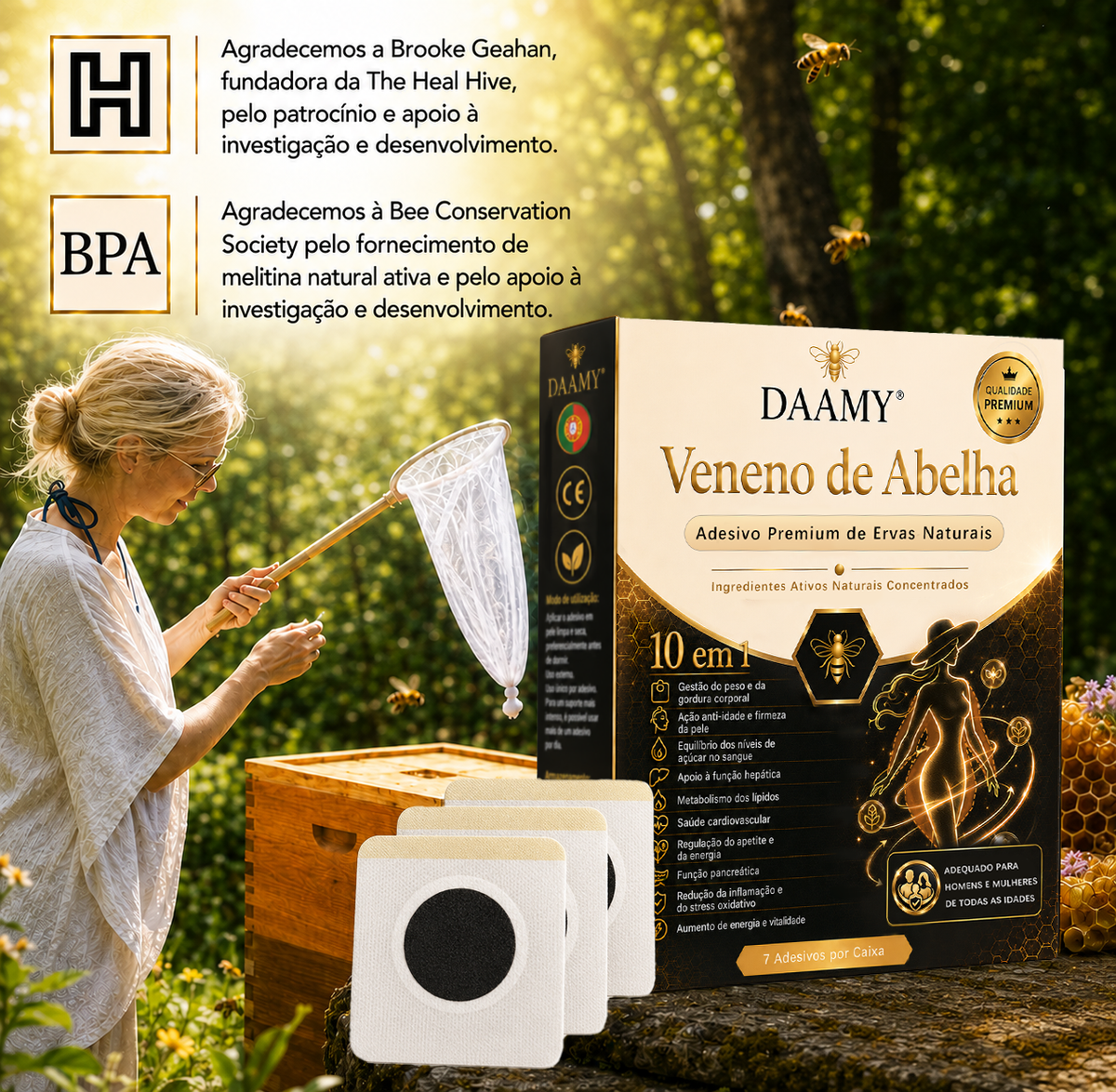 Adesivo Premium 10 em 1 à Base de Ervas Naturais com Veneno de Abelha  (Mudanças visíveis em apenas 7 dias)  ✅ Para gestão do peso, cuidados com a pele, controlo da glicemia, bem-estar respiratório durante o sono, desconforto nas articulações e muito mais