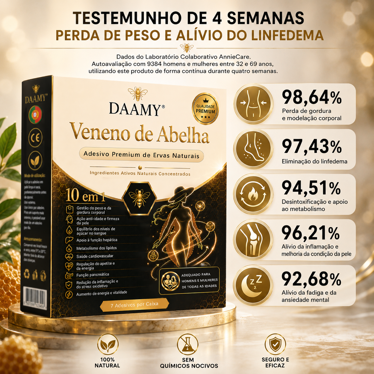 Adesivo Premium 10 em 1 à Base de Ervas Naturais com Veneno de Abelha  (Mudanças visíveis em apenas 7 dias)  ✅ Para gestão do peso, cuidados com a pele, controlo da glicemia, bem-estar respiratório durante o sono, desconforto nas articulações e muito mais